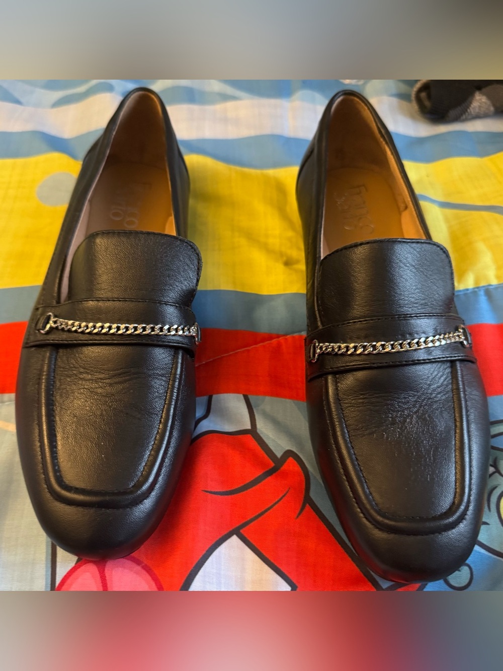 Franco Sarto Black Leather Chain-Trim Women's Loafers